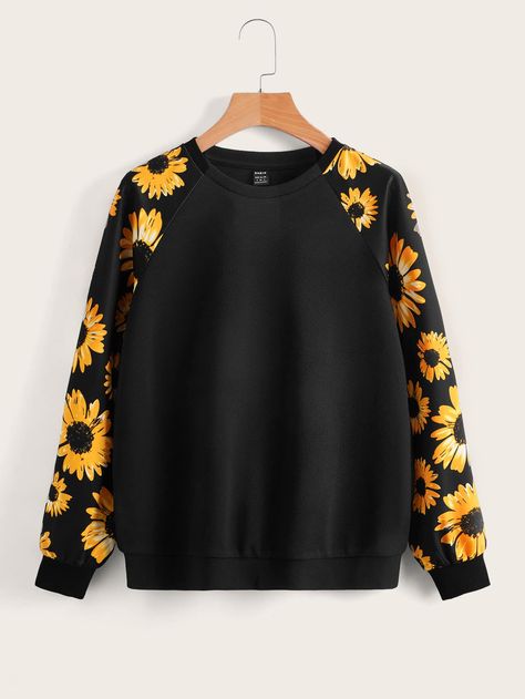 Raglan Sleeve Sweatshirt, Floral Pullover, Dropped Shoulder Sweatshirt, Women Sweatshirts, Vibe Clothes, Women Shirt, Girl Sweatshirts, Print Pullover, Trendy Fashion Women