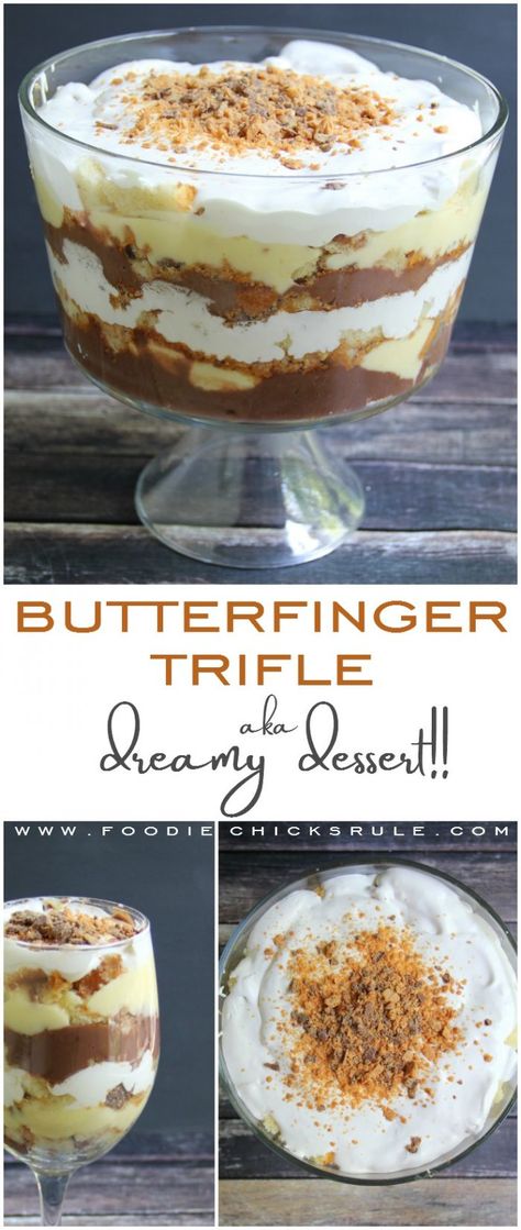 Butter Finger Dessert, Trifle Dessert Recipes, Trifle Bowl Recipes, Trifle Pudding, Nutella Desserts, Trifle Desserts, Dessert Simple, Brownie Desserts, Trifle Recipe