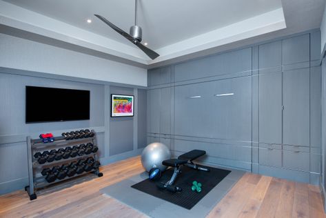 Home Gym With Murphy Bed, Murphey Bed, Home Gym Design Luxury, Home Office And Gym, Home Gym Ideas, Warm Wood Flooring, Home Gym Design Garage, Basement Gym, Workout Room