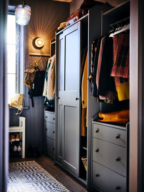 Tiny Dressing Room, Dressing Room Doors, Tiny Hallway, Single Loft Bed, Eclectic Wardrobe, Ikea Interior, Sleeping Nook, Pax Wardrobe, Sliding Wardrobe Doors