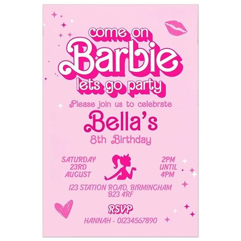 Personalised Barbie Birthday Party Invitations, Pink Barbie Invites, Any Age | PACK OF 10 WITH ENVELOPES : Amazon.co.uk: Handmade Products Barbie Birthday Invitations Free, Barbie Invitation Card, Barbie Invites, Birthday Barbie Theme, Barbie Birthday Party Invitations, Party Invitations Pink, Barbie Invitation, Barbie Birthday Invitations, Barbie Invitations