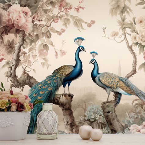 Safari Animal Wall Decals, Flowers Living Room, Bedroom Mural, Floral Mural, Peacock Wallpaper, Animal Wall Decals, Bedroom Murals, Map Wallpaper, Chinoiserie Wallpaper