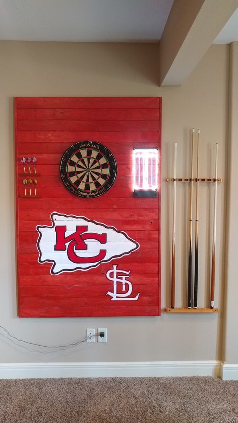 Kansas City Chiefs/Cardinals dartboard backboard Man Cave Theme Ideas, Dartboard Backboard, Kansas City Chiefs Craft, Chiefs Crafts, Football Man Cave, Royal Wallpaper, Red Cabinets, Johannes Gutenberg, Military Decor