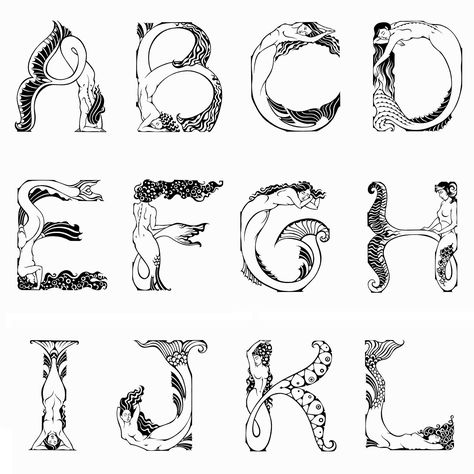 Mermaid Alphabet Letters, Mermaid Typography, Nature Lettering, Mermaid Alphabet, Mermaid Letters, Mermaid Font, Alphabet Pictures, Typography Alphabet, Drop Cap