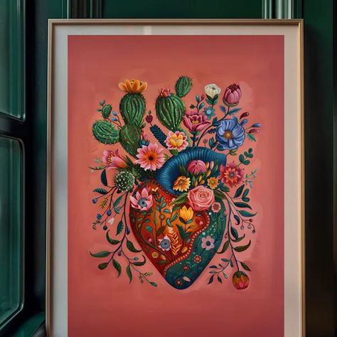 EncantoMexicano - Etsy Canada Blooming Heart, Mexican House, Mexican Wall Art, Mexican Wall, Mexico Culture, Mexican Home Decor, Mexican Home, Heart Wall Art, Mexican Decor