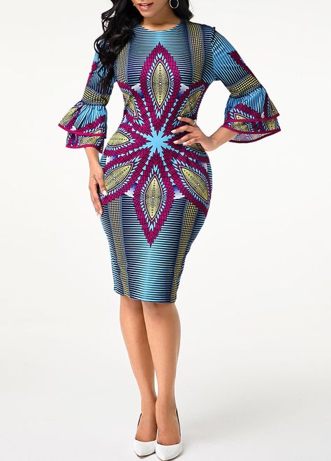 Round Neck Tribal Print Flare Sleeve Dress | Rotita.com - USD $31.33 Kitenge Fashion, African Fashion Skirts, African Wear Dresses, Dresses Club, Afrikaanse Mode, Clothes Trendy, Flare Sleeve Dress, Fashion Dresses Online, African Fashion Women Clothing