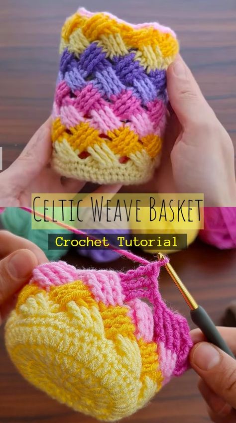 Crochet Celtic Weave Basket Crochet Craft Room Ideas, Crochet Unique Stitches, Crochet Patterns For Variegated Yarn, Small Knitting Projects For Beginners, Intermediate Crochet Projects, Crochet Ombre Yarn Projects, Unusual Crochet Projects, Easy Quick Crochet Patterns, Super Easy Crochet For Beginners