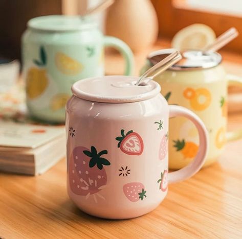 Cute Mug Summer Fruit Ceramic Can With Lid and Straw | Etsy Slovakia Mug Noel, Mug With Straw, Ceramic Mug With Lid, Creative Accessories, Cerámica Ideas, Fruit Cups, Drink Straw, Cute Fruit, Cup With Lid