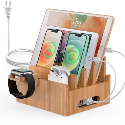 PRICES MAY VARY. What You Get -1 Bamboo Charging Station , 1USB Charger and Cord, 6 Cables(Included 3* 1OS cables, 2* Android cables, and 1* Type-C cable). One piece of USB Charging HUB(5Ports), and CORD, an extra Hanging Stand for Smart Watch, and 5 Charging Cables (1Ft). All these fit perfectly in the charging dock Multi-device Organizer－Pezin & Hulin natural bamboo charging station stand can hold up to six devices (such as Smartphone, Tablet, Watch, Earbuds, etc) simultaneous maintaining your Charging Station Organizer, Phone Charging Stations, Electronic Organizer, Cell Phone Charging Station, Charging Hub, Charging Stations, Electronic Organization, Charging Dock, Phone Charging