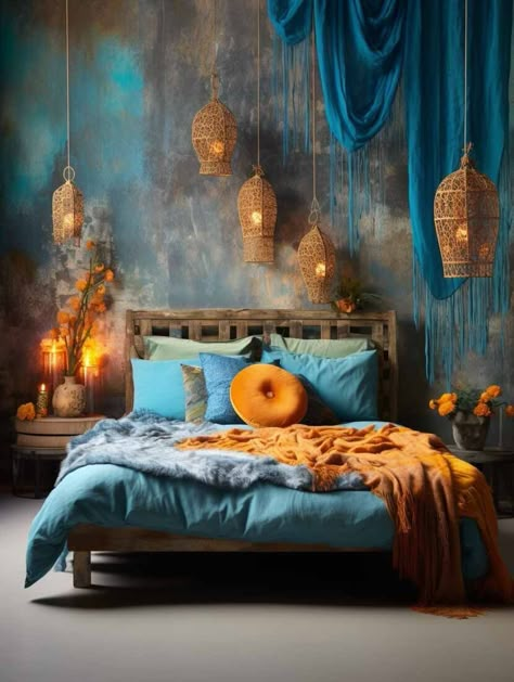 Elevate your living space with boho-inspired lighting fixtures, such as beaded chandeliers and pendant lamps in vibrant colors, adding a touch of bohemian chic and artistic flair to your design. See more on Nymphs Interior Blog. Bali Villa Interior, Mexican Bedroom Decor, Moroccan Inspired Bedroom, Mexican Bedroom, Moroccan Interior Design, Luxury Mansions Interior, Moroccan Bedroom, Small Living Spaces, Villa Interior