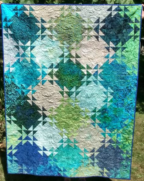 Shimmering Triangles or Glimmerglass Quilt Strip Quilting, Monochromatic Quilt, Watercolor Quilt, Half Square Triangle Quilts, Batik Quilts, Water Blue, Green Quilt, Strip Quilts, Triangle Quilt