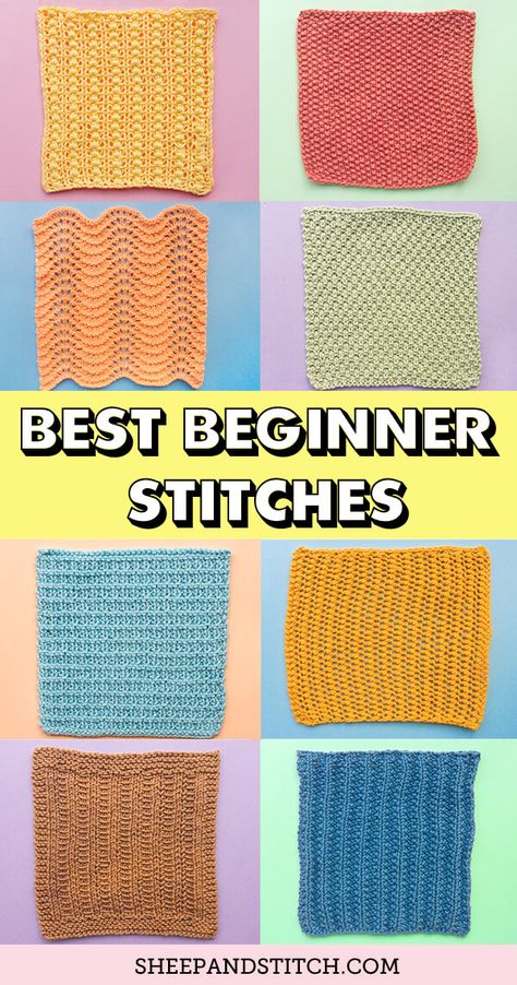 The 10 Best Beginner Knit Stitches - Sheep and Stitch 100 Days Of Knit Stitches, Beginner Knitting Stitches, Beginner Knit Stitches, Helix Knitting, Free Knitting Patterns For Beginners, Knitting Projects For Beginners, Types Of Knitting, Unique Stitches, Types Of Knitting Stitches