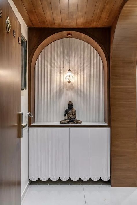 House With Curved Surface Envision A Sanctuary Devoid of Sharp Edges | K Studio Designs Entry Lobby Design, Entry Paneling, Curved Entrance, Pooja Cabinet, Entrance Design Ideas, K Studio, Lobby Interior Design, Mandir Design, Temple Design For Home