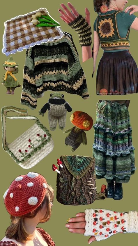 Twee Aesthetic Crochet, Dark Cottagecore Crochet, Crochet Autumn Clothes, Crochet Ideas Cottagecore, Goblin Core Crochet, Cottagecore Crochet Ideas, Fairy Core Crochet, Mushroom Bag Crochet, Crochet Cottage Core