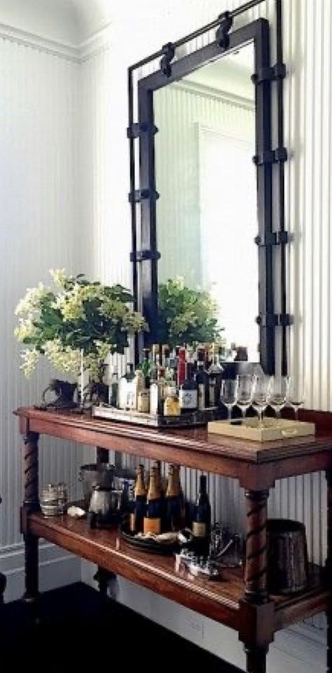 Console Table Bar, Bar Dresser, Liquor Display, Bar Carts Ideas Decor, Masculine Bar Cart, Cottage Bar Cart, Display Shot Glasses On Bar Cart, Dark Academia Bar Cart, Vintage Glassware Bar Cart