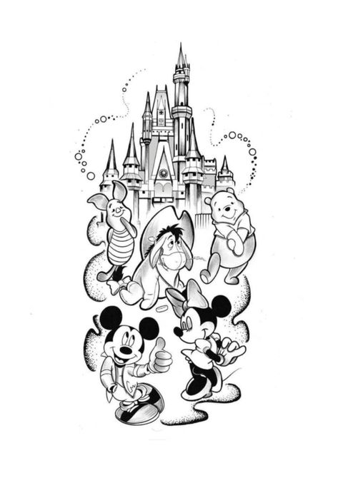 Disney Tattoo Stencils, Disney Tattoo Sleeve, Disney Character Tattoos, Disney Tattoo Flash, Disney Flashsheets Tattoo, Disney Flash Tattoo, Disney Characters Tattoos, Cute Disney Tattoos, Disney Castle Tattoo