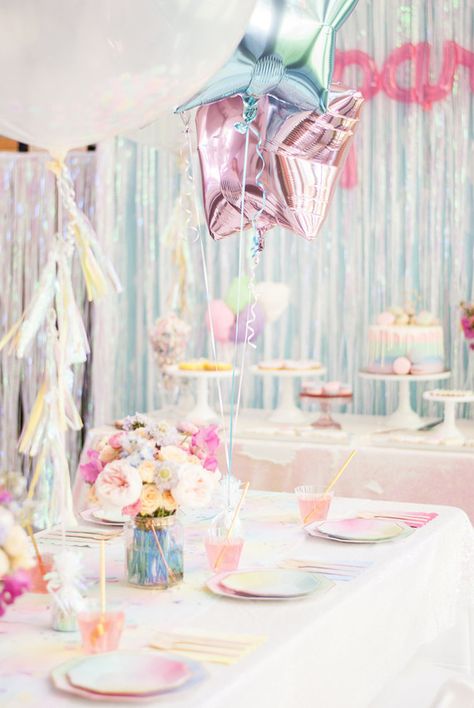 Pastel iridescent girl’s birthday party | 100 Layer Cakelet | Bloglovin’ Iridescent Party, Rainbow Parties, Pastel Party, Valentine Party, Rainbow Birthday Party, Dream Party, Birthday Party Dress, Themed Birthday Party, Rainbow Birthday