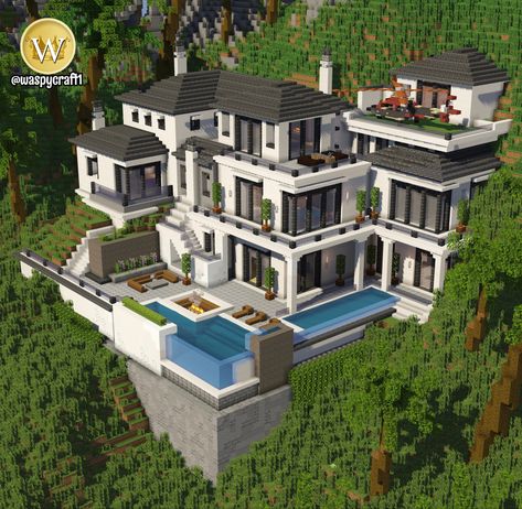 Minecraft House Inspo Mansion, Modern Minecraft Mansion Ideas, Cool Minecraft Mansions, Minecraft Big House Ideas Modern, Minecraft Mansions Luxury, Minecraft House Builds Ideas, Minecraft Compound Ideas, Mansion Ideas Minecraft, Multicraft House Ideas