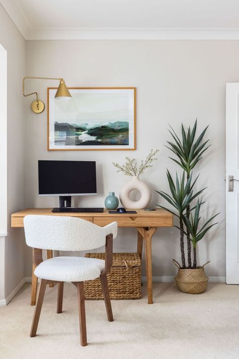 Neutral home office transformation Grey Walls And Carpet, Neutral Home Office, Shelves For Books, Office Transformation, Contemporary Home Office, Neutral Home, Online Interior Design, Home Office Space, Interior Design Companies