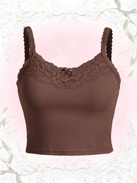 Coffee Brown Casual Collar  Fabric Plain Cami Embellished Medium Stretch  Women Plus Clothing Lace Cami Top Plus Size, Cute Cami Tops, Expensive Wishlist, Top Marron, Royalty Dr, Soft Feminine Style, Fnaf Costume, Brown Tank Top, Dr Closet