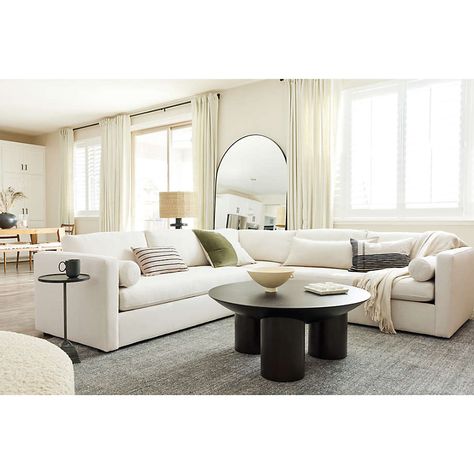 Ivory Couch Black Coffee Table, Crate And Barrel Sectional Sofa, Crate And Barrel Living Room Inspiration, Rh Modern Living Rooms, Crate And Barrel Living Room, Oversized Floor Mirror, Comfy Bench, Arch Floor Mirror, Modern Plaid