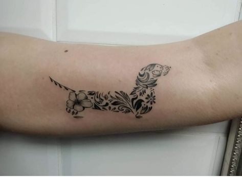 Dachshund Flower Tattoo, Weenie Dog Tattoo, Wiener Dog Tattoo, Doxie Tattoo, Daschund Tattoo, Puppies Sleeping, Dachshund Tattoo, Dog Memorial Tattoos, Tattoo Dog