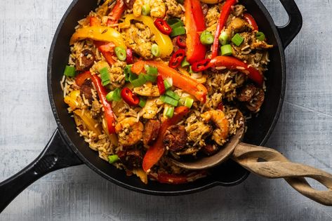 Chicken, Chorizo and Prawn Jambalaya Recipe Peppers And Chicken, Chorizo Chicken, Blue Cheese Butter, Bbq Pitmaster, Chicken Peppers, Chicken Chorizo, Bbq Steak, Jambalaya Recipe, Pork Steak