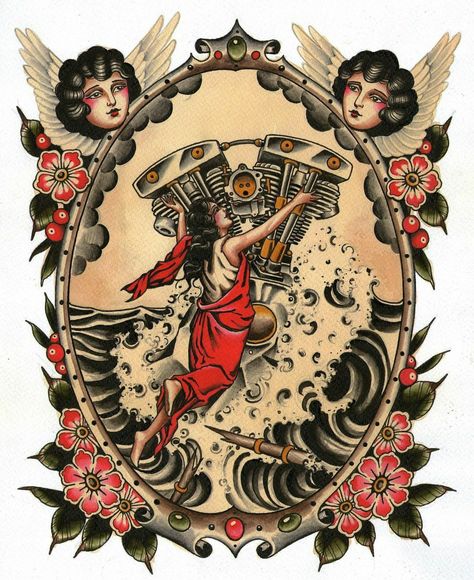 Harley Davidson Traditional Tattoo, Shovelhead Tattoo, Harley Davidson Tattoo Design, Chopper Tattoo, Biker Tattoos Designs, Trad Flash, Engine Tattoo, Harley Tattoos, Tato Tradisional