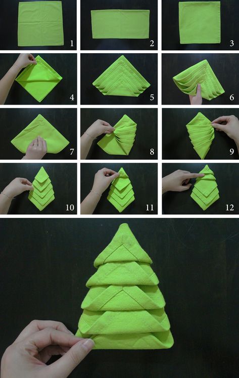 how to do-christmas napkin fold Diy Napkin Folding, Christmas Tree Napkin Fold, Napkin Folding Tutorial, Christmas Napkin Folding, Paper Napkin Folding, Creative Napkins, Folding Ideas, Christmas Tree Napkins, Diy Napkins