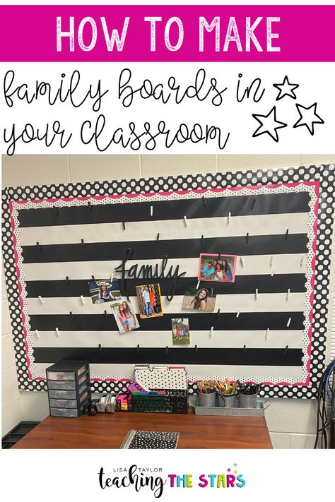 Looking for unique ways to build a classroom community with your elementary students? Try creating a family board! This shows that you care about the whole student, not just who you see at school. This helps students feel loved and cared for in the classroom. Add photos of the class as the year goes on. You'll love the end result! Teacher Family Bulletin Board, Student Photo Bulletin Board, Family Photo Bulletin Board Ideas, Student Pictures Bulletin Board, Classroom Family Picture Display Bulletin Boards, Frogstreet Prek, Class Family Photo Wall, Displaying Student Work In Classroom, Family Pictures In Classroom