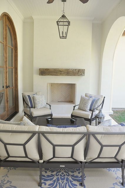 Herringbone Fireplace, Stucco Fireplace, Outside Fireplace, Fireplace Shelves, Patio Fireplace, Patio Furniture Covers, White Cushions, Fireplace Design, Fireplace Surrounds