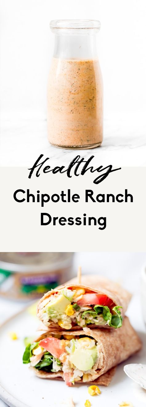 Incredibly delicious healthy chipotle ranch dressing made with greek yogurt. This creamy, homemade chipotle ranch has a kick of heat and makes the perfect dressing or dip for salads, fries, tacos and more! Homemade Chipotle Ranch, Chipotle Ranch Dressing Recipe, Dressing Made With Greek Yogurt, Chipotle Salad Dressing, Healthy Ranch Dressing, Chipotle Ranch Dressing, Chipotle Dressing, Homemade Chipotle, Chipotle Ranch