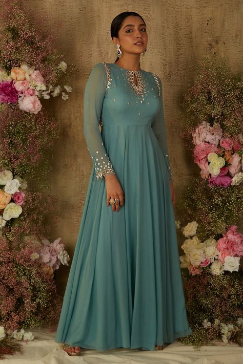 Buy Blue Georgette Embroidered Sequin Keyhole Embellished Fit And Flare Anarkali For Women by RIA SHAH LABEL Online at Aza Fashions. Pregnancy Outfits Indian, Anarkali Neck Designs, Anarkali Design, Anarkali Designs, Blue Anarkali, Designer Anarkali Dresses, Georgette Anarkali, Anarkali Dress Pattern, Embroidered Anarkali