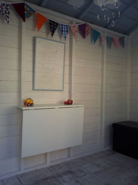 Boys Playhouse Interior, Play House Interior Ideas Kids, Kids Clubhouse Interior, Shed Hangout Ideas, Ikea Drop Leaf Table, Kids Playhouse Interior, Play House Interior, Outdoor Playhouse Interior, Playhouse Interior Ideas