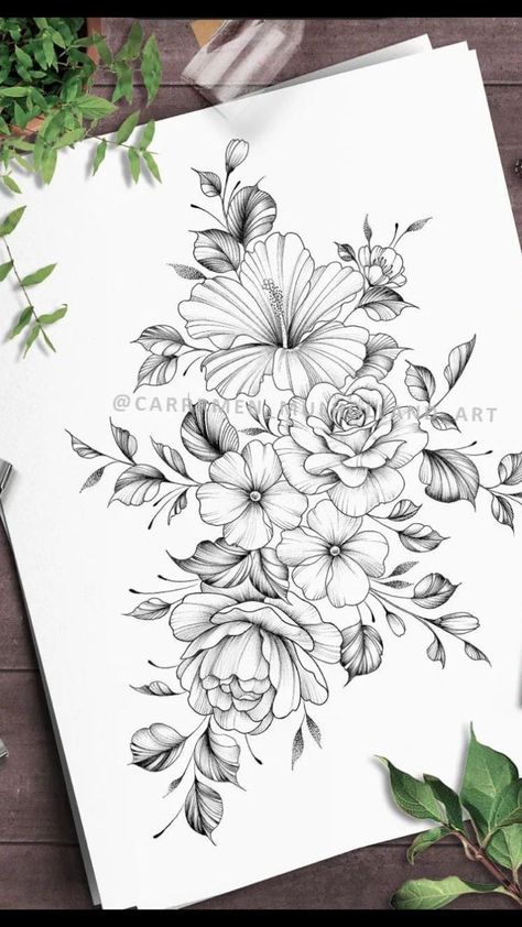 Flower Tattoo Designs Floral Patterns, Floral Tattoo Design Drawings, Flower Cluster Tattoo, Floral Mandala Tattoo Design, Tropical Flowers Tattoo, Tropical Flower Tattoos, Floral Mandala Tattoo, Flores Tattoo, Floral Thigh Tattoos