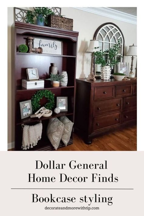 Decorating Bookcase Tops, Dollar General Home Decor Ideas, Decor Top Of Bookcase, How To Style Entertainment Center Shelves, Decor For Top Of Bookcase, What To Put On Top Of Bookcase, Decorating Top Of Entertainment Center Farmhouse, Top Of Bookcase Decorating Ideas, Decorating Entertainment Center Shelves