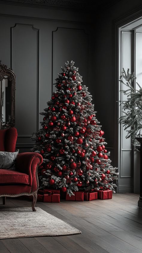 Elegant Christmas tree decorated with red ornaments in a dark, luxurious living room. Cozy Iphone Wallpaper, Winter Backgrounds Iphone, Christmas Phone Wallpapers, Winter Backgrounds, Winter Wallpapers, Cozy Cabins, Xmas Wallpaper, Elegant Christmas Trees, Dark Christmas