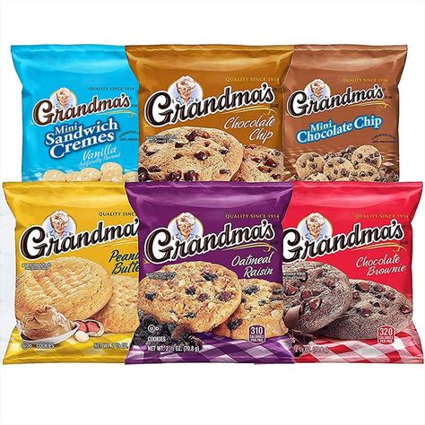 Includes 30 Packs of Your favorite Grandma's Brand cookies 8 mini vanilla sandwich crèmes, 4 mini chocolate chip cookies, 6 big chocolate chip cookies, 4 big peanut butter cookies, 6 big chocolate brownie cookies, and 2 big oatmeal raisin cookies Great for packing lunches or snacking on the go You can’t go wrong with more cookies! #amazonaffiliate Grandmas Cookies, Big Chocolate Chip Cookies, Grandma Cookies, Chocolate Raisins, Mini Chocolate Chip Cookies, Chocolate Brownie Cookies, Big Chocolate, Big Cookie, Mini Sandwiches