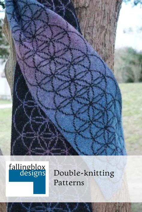 A scarf with black, blue, and purple overlapping circles. Double Knitting Scarf, Double Knitting Patterns Free, Knitting Scarf Pattern, Double Knit Scarf, Double Knitting Patterns, Knitting Scarf, Sacred Geometry Patterns, Rowan Felted Tweed, Knit Scarves