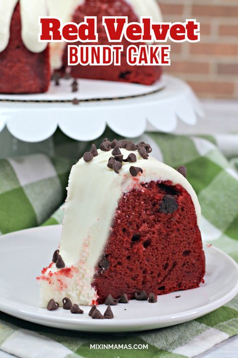 Take a boxed cake mix to the next level with this recipe for Red Velvet Bundt Cake! I love making bundt cakes because they're so easy and always turn out so tasty. They certainly bring the wow factor to any celebration.This red velvet cake is studded with chocolate chips and topped with a rich, creamy cream cheese frosting. Serve as is or with a scoop of ice cream. YUM! Red Velvet Bundt, Velvet Desserts, Mini Bundt Cakes Recipes, Red Velvet Bundt Cake, Red Velvet Desserts, Boxed Cake Mixes Recipes, Red Velvet Recipes, Cream Room, Red Velvet Cake Mix