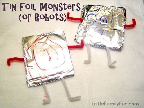 Easy monster or robot craft. Tin Foil Crafts, Tin Foil Art, Space Theme Preschool, Robot Craft, Space Crafts For Kids, Activities For Boys, Halloween Activities For Kids, Tin Foil, Crafts For Boys