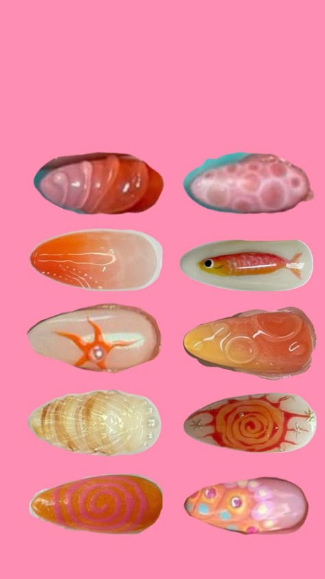 Nails With Fish Design, Nails With Fish, Sardine Nails, Fish Nails Designs, Shrimp Nails, Fish Nail Art, Fish Nails, Aya Takano, Nail Idea