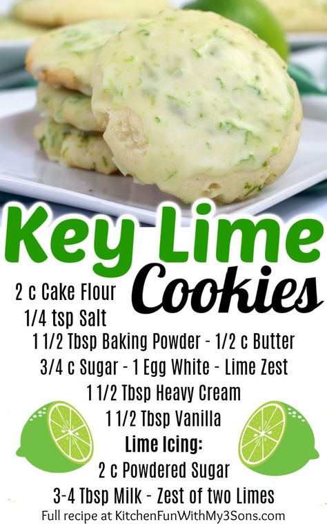 Key Lime Cookies with a homemade lime icing are so yummy and perfect for anyone who loves Key Lime Pie. #Dessert #Recipes #Cookies Fresh Key Lime Recipes, Lemon Lime Dessert Recipes, Key Lime Fudge Recipe, Key Lime Shortbread Cookies, Recipes For Limes, Key Lime Pie Cookies Recipe, Key Lime Cookies Recipe, Lime Recipes Dessert, Lime Cookies Recipes