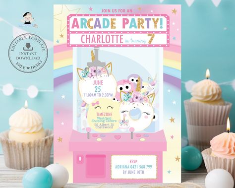 EDITABLE TEMPLATE Arcade Party Birthday Invitation Pink Claw Machine Cute Rainbow Unicorn Printable Games Invite Printable Download AC1 Claw Machine Birthday Party, Wedding Claw Machine, How To Win A Claw Machine, Pink Claw Machine, Valentine’s Day Box Claw Machine, Rainbow Unicorn Birthday Party Invites, Arcade Party, Claw Game, Arcade Claw Machine