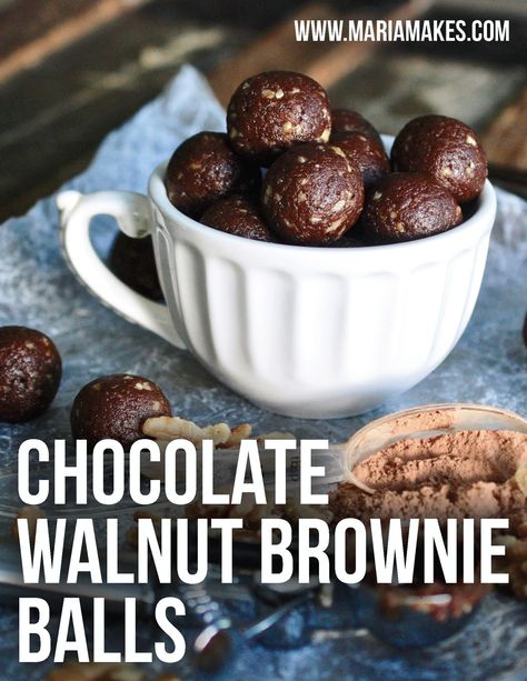 Chocolate Walnut Brownie Balls — Maria Makes | Wholesome, Simple Recipes for Every Day Walnut Brownie, Brownie Balls, Chocolate Walnut Brownies, Cacao Recipes, Walnut Brownies, Bites Recipes, Making Pottery, Energy Ball Recipe, Fudgy Brownie