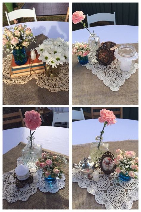 DIY table centrepieces. collected from opshops/thrift shops Thrift Shop Party Theme, Thrifted Bridal Shower Decor, Thrifted Birthday Party, Thrift Wedding Decor, Thrifted Wedding Decor, Thrifted Wedding, Table Centerpieces Diy, Rustic Backyard, Secret Wedding