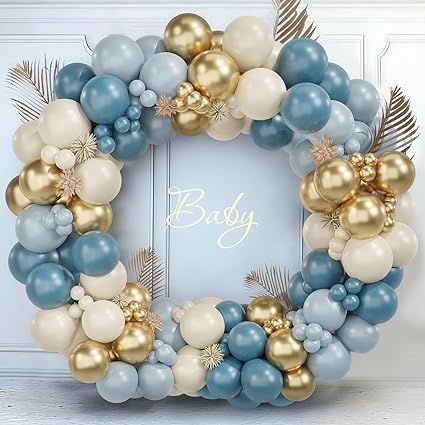 Light Blue And Gold Birthday Decorations, Baby Christening Decorations, White Gold Balloon Arch, White And Gold Balloons, Graduation Tea, Gold Balloon Arch, Balloons White, Balloons Blue, Gold Birthday Party Decorations