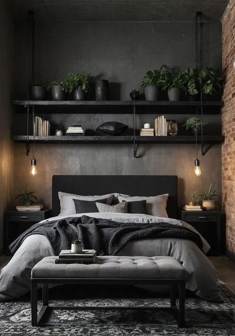 Black Modern Minimalist Bedroom, Concrete Interiors Bedroom, Matte Black Bedroom Ideas, Contemporary Industrial Bedroom, Masculine Bedroom White Walls, Bedroom Ideas For Men Plants, Black Brick Bedroom, Black And Grey Bedroom Aesthetic, Black Guest Bedroom