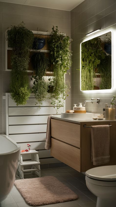 Elevate your bathroom experience by incorporating a stunning herb garden inspired by IKEA style! Perched on the sleek LILLÅNGEN wall cabinet, this green oasis not only adds a touch of nature but also freshens your space. The plush VIKFJÄRD bath mat and minimalist GODMORGON vanity create a serene atmosphere, while the whimsical BOLMEN step stool brings personality to your decor. Enjoy the gentle glow from LED mirror lighting that enhances relaxation. Ready to bring tranquility into your daily routine? Discover how to style your bathroom with greenery! #BathroomInspo #HerbGarden #IKEAStyle #SpaVibes #HomeDecor #InteriorDesign #GreenLiving Bathroom With Greenery, Godmorgon Vanity, Ikea Style, Mirror Lighting, Green Oasis, Bathroom Inspo, Garden Inspired, Led Mirror, Wall Cabinet