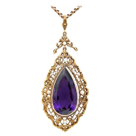 Victorian 14k Gold Purple Jewelry, Antique Amethyst Jewelry With Intricate Design, Victorian Hallmarked Purple Necklace, Victorian Amethyst Oval Necklace, Luxury Victorian Amethyst Necklace, Pearl Drop Necklace, Gold Chain With Pendant, Purple Jewelry, Gold Pearl Necklace